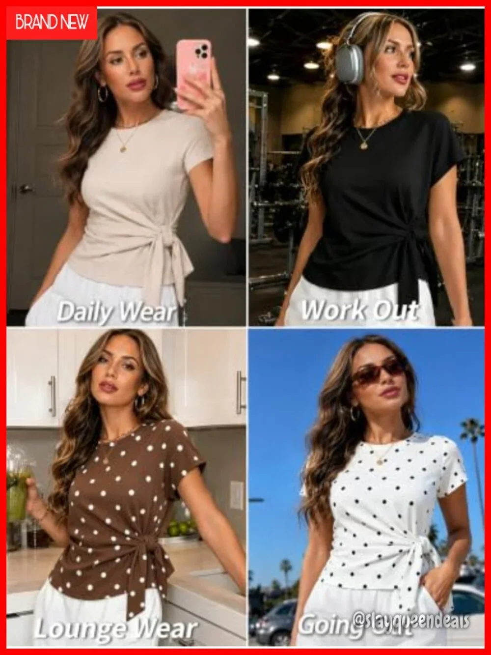 Cap Sleeve Tie Waist Wrap Top Blouse Crew Neck Dressy Casual Loose Fit Work Tee - Picture 5 of 6